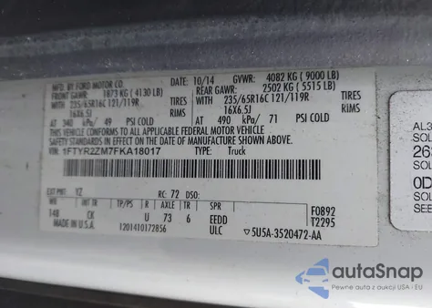 2015 Ford Transit-250 z USA, uszkodzony, nr VIN 1FTYR2ZM7FKA18017